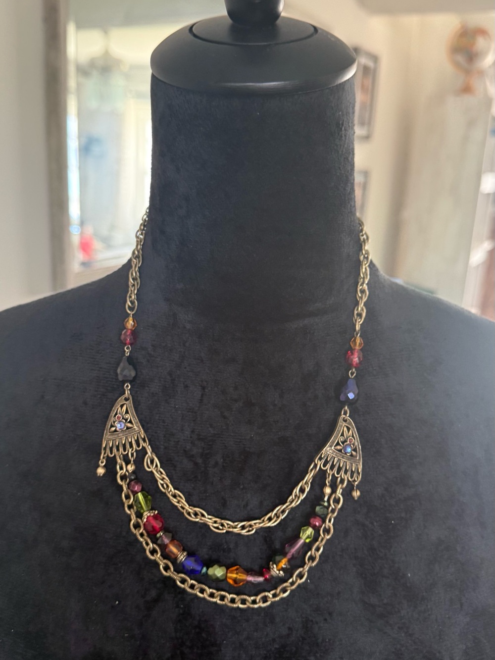 Vintage Multicolor Beaded Gold-Tone Layered Necklace